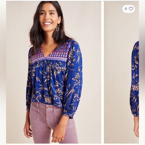 Anthropologie Tops - Anthropologie Floral Embroidered V Neck Top Size S